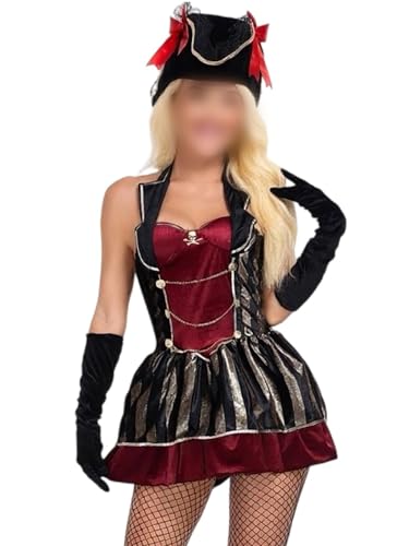 Deluxe-Piratenkostüm für Damen, Neckholder, rückenfrei, Korsettkleid mit Hut, Handschuhen, Outfit für Halloween, Cosplay-Party (A-Schwarz, S) von Anuedgis