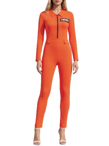 Erwachsene Halloween Gefangener Overall Orange Gefangener Overall Kesselanzug Sträfling Räuber Faschingskostüm für Karneval Mottoparty (D-Orange Schwarz, M) von Anuedgis