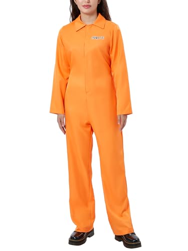 Erwachsene Halloween Häftling Overall Orange Gefangener Overall Kesselanzug Sträfling Räuber Faschingskostüm für Karneval Mottoparty (A-Damen Orange, XXL) von Anuedgis