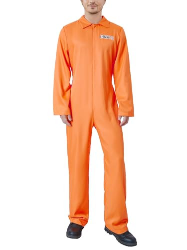 Erwachsene Halloween Häftling Overall Orange Gefangener Overall Kesselanzug Sträfling Räuber Faschingskostüm für Karneval Mottoparty (A-Men Orange, L) von Anuedgis