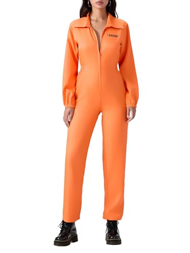 Erwachsene Halloween Häftling Overall Orange Gefangener Overall Kesselanzug Sträfling Räuber Faschingskostüm für Karneval Mottoparty (B-Orange Damen, XXL) von Anuedgis