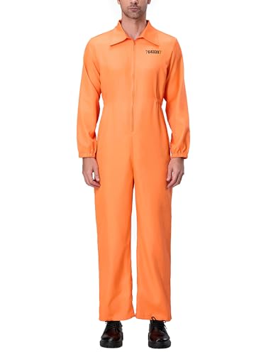 Erwachsene Halloween Häftling Overall Orange Gefangener Overall Kesselanzug Sträfling Räuber Faschingskostüm für Karneval Mottoparty (B-Orange Herren, L) von Anuedgis