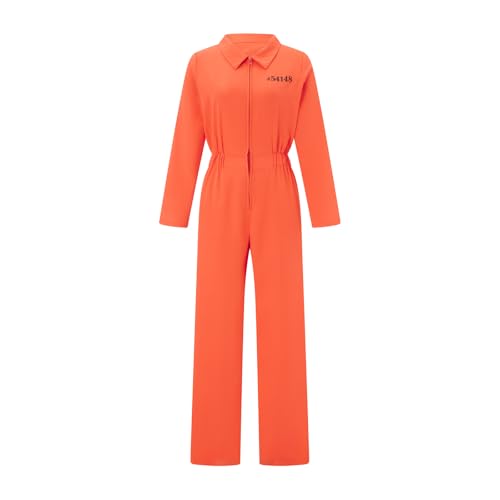 Erwachsene Halloween Häftling Overall Orange Gefangener Overall Kesselanzug Sträfling Räuber Faschingskostüm für Karneval Mottoparty (E-Orange Damen, L) von Anuedgis