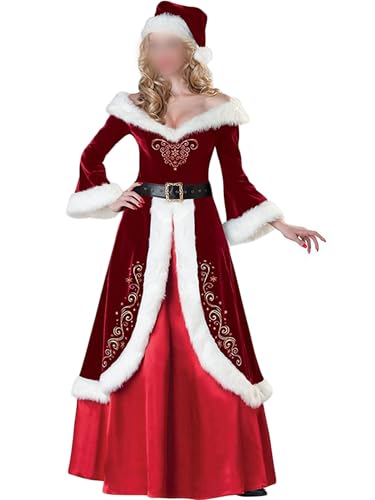 Erwachsenenkostüm Mr & Mrs Claus aus rotem Samt, Weihnachtsmannkleid, Gürtel, Hut-Set, Weihnachten, Cosplay, Party, Verkleidung (A-Damen, XL) von Anuedgis