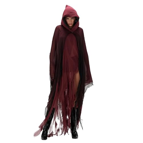 Erwachsener Halloween Gothic Kapuzenumhang Mittelalter Renaissance Zerrissener Zauberer Umhang Horror Sensenmann Kostüm für Cosplay Party (A-Red, Einheitsgröße) von Anuedgis
