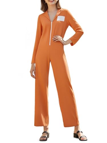 Erwachsener Halloween Orange Gefangener Overall Lange Ärmel Gefängnisoveralls Kriminelle Insassin Faschingskostüm für Karneval Party (C-Damen, XL) von Anuedgis