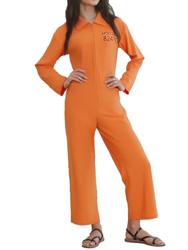Erwachsener Halloween Orange Gefangener Overall Lange Ärmel Gefängnisoveralls Kriminelle Insassin Verkleidung Kostüm für Karneval Party (B-Damen, M) von Anuedgis