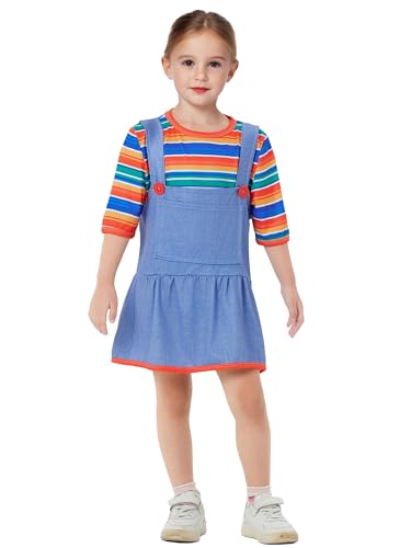 Familien-Matching Halloween Gruselige Killer-Puppe Kostüm Klassisches Regenbogen-Streifenhemd und Rock Set für Karneval Cosplay Party (Kinder, 10 Jahre, A-Blau) von Anuedgis