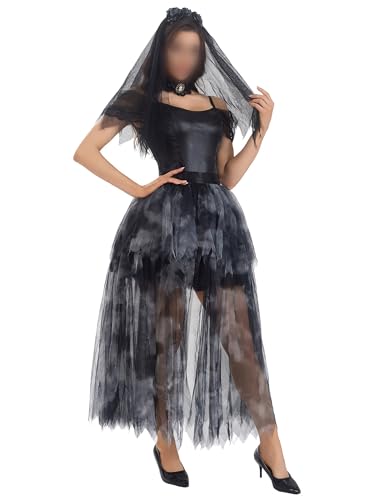 Frauen Halloween Corpse Bride Kostüm Ghost Dead Zombie Braut Kleid mit Schleier und Schal Verkleidung Set für Karneval Party (A-Schwarz, M) von Anuedgis