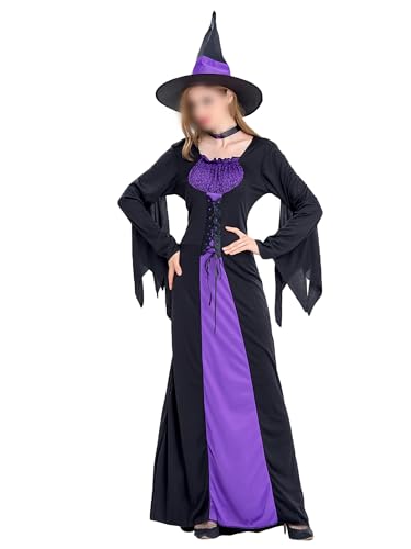 Frauen Wicked Witch Costumes Gothic Fledermausärmel Maxikleid mit Hexenhut Halloween Verkleidung für Karneval Party (A-Schwarz, XL) von Anuedgis