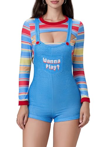 Gruseliges Albtraum-Killer-Puppenkostüm für Damen, Halloween, langärmelig, gestreiftes Oberteil und Body, Chucky-Outfit für Filmfiguren-Party (A-Blau, M) von Anuedgis