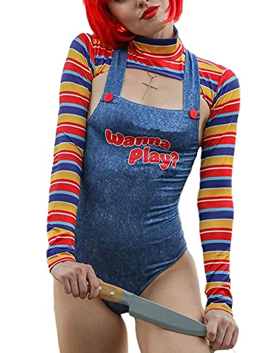 Gruseliges Albtraum-Killer-Puppenkostüm für Damen, Halloween, langärmelig, gestreiftes Oberteil und Body, Chucky-Outfit für Filmfiguren-Party (B-Blau, L) von Anuedgis