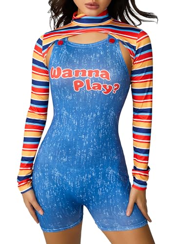 Gruseliges Albtraum-Killer-Puppenkostüm für Damen, Halloween, langärmelig, gestreiftes Oberteil und Body, Chucky-Outfit für Filmfiguren-Party (D-Blue, S) von Anuedgis