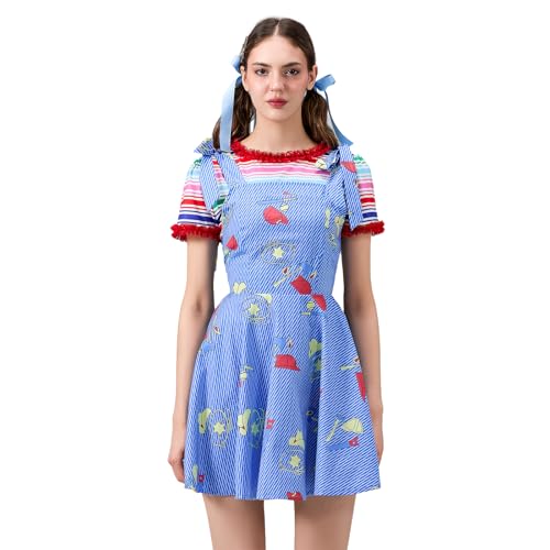 Halloween Gruseliges Chucky-Puppen-Kostüm für Damen, süßes Regenbogen-Top, passender Straps-Mini-A-Linien-Kleid für Karneval, Cosplay-Party (A-Blau, L) von Anuedgis