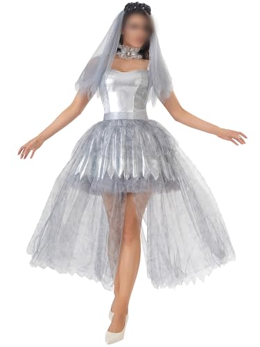 Halloween-Kostüm für Damen, Leichenbraut-Kostüm, Geistertot, Zombie-Brautkleid mit Schleier und Schal, Kostüm-Set für Karneval, Party (A-Grau, M) von Anuedgis
