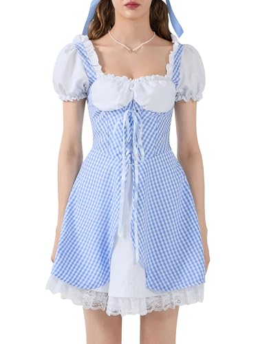 Halloween-Kostüm für Damen, niedliches Puffärmel, Spitze, Patchwork, Mini-Korsettkleid, klassisches Karomuster, A-Linie, Kleid für Karneval, Party (A-Himmelblau, XL) von Anuedgis