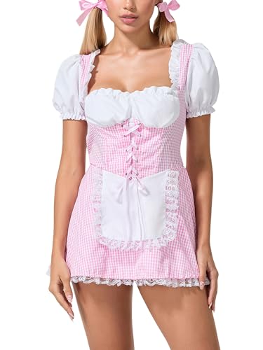 Halloween-Kostüm für Damen, niedliches Puffärmel, Spitze, Patchwork, Mini-Korsettkleid, klassisches Karomuster, A-Linie, Kleid für Karneval, Party (A-Pink, S) von Anuedgis