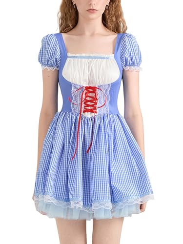Halloween-Kostüm für Damen, niedliches Puffärmel, Spitze, Patchwork, Mini-Korsettkleid, klassisches Karomuster, A-Linie, Kleid für Karneval, Party (B-Blau, M) von Anuedgis