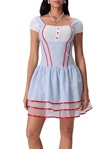 Halloween-Kostüm für Damen, niedliches Puffärmel, Spitze, Patchwork, Mini-Korsettkleid, klassisches Karomuster, A-Linie, Kleid für Karneval, Party (Hellblau, M) von Anuedgis