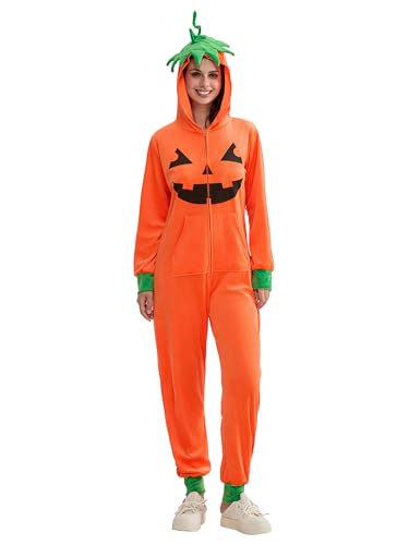 Halloween-Kürbis-Kostüm für Erwachsene, langärmelig, Reißverschluss vorne, Kapuzenoverall mit Taschen, lustiges Cosplay-Kostüm für Karneval, Mottoparty (A-Orange, M) von Anuedgis