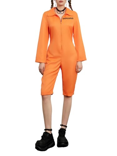 Halloween Orange Gefangenenkostüm für Damen, langärmelig, Gefängnis-Overall, Karneval, Räuber, entkommener Sträfling, Kriminell, Cosplay, Gefängnisuniform (A-Orange, XXL) von Anuedgis