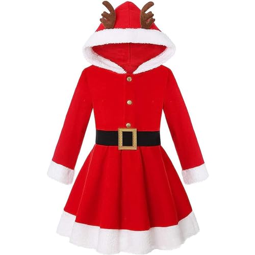 Kinder Mädchen Frau Claus Kleid Niedliches Rentier Langarm Kapuze Weihnachtskleid Xmas Party Urlaub Outfits (A-Red, S) von Anuedgis