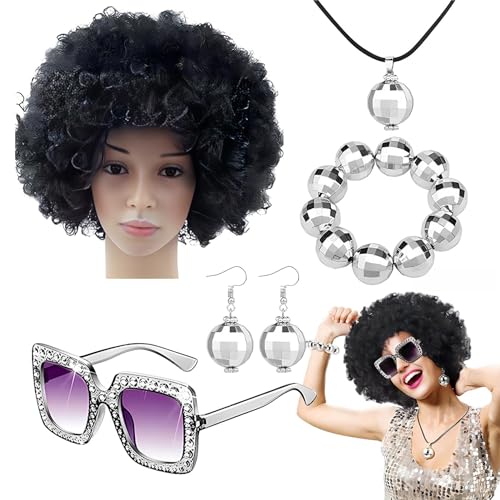 Disco Kostüm Zubehör | Discokugel Zubehör 70er Jahre Disco Kostüm Set | Discokugel Zubehör Sonnenbrille, Armband, Afro Perücke, Ohrringe, Halskette Disco Kostüm Zubehör | Discokugel Zubehör 70er Jahre Disco Kostüm Set | Discokugel Zubehör Sonnenbrille, Armband, Afro Perücke, Ohrringe, Halskette von Anulely
