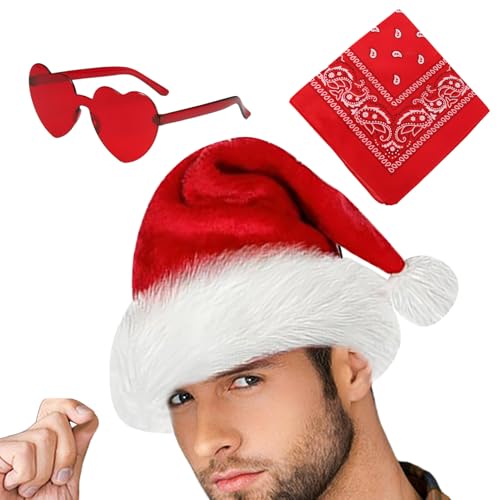 Weihnachtsmann-Cowboyhut | Cosplay-Westernhut, Party-Kopfbedeckung, 3 x Cowgirl-Vintage-Bandana-Herz-Brille, verstellbare Weihnachtsfeier, Western-Kostüm-Zubehör von Anulely
