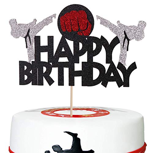 Anxdh Karate Kuchen Top Hut, Taekwondo Thema Kuchen Top Hut, Karate Happy Birthday Party Supplies funkelnde schwarze Dekoration von Anxdh