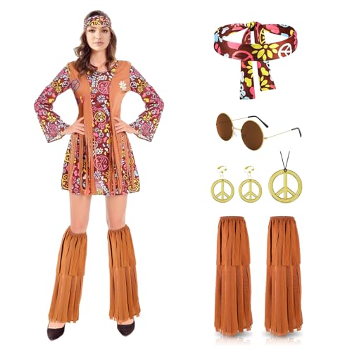 Anxicer 70er Jahre Damen Hippie kostüm: Hippie Kleidung 60er 70er Jahre Bekleidung - Kleid Disco Outfit Faschingskostüme Mädchen für Fasching Karneval Party (L) von Anxicer