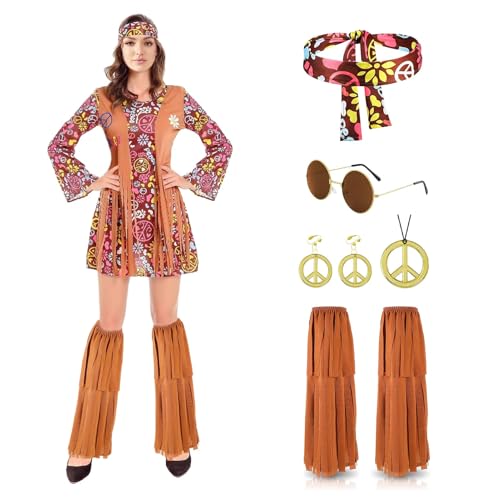 Anxicer 70er Jahre Damen Hippie kostüm: Hippie Kleidung 60er 70er Jahre Bekleidung - Kleid Disco Outfit Faschingskostüme Mädchen für Fasching Karneval Party (XXL) von Anxicer