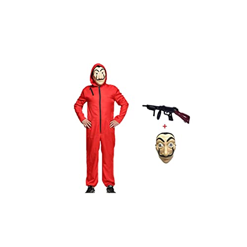 Anxicer Karneval Kostüm Bankräuber Overall für Halloween Dieb Kostüm Overall Rot Langarm Strampler mit Kapuze,Cosplay Set Maske Und Maschinengewehr Fasching Kostüm Anxicer Karneval Kostüm Bankräuber Overall für Halloween Dieb Kostüm Overall Rot Langarm Strampler mit Kapuze,Cosplay Set Maske Und Maschinengewehr Fasching Kostüm von Anxicer
