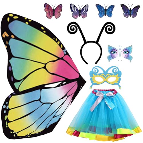 Schmetterling Kostüm Kinder Mädchen - 9 Stück Set Mit Flügeln, Umhang, Maske, Tutu Rock und Face Art Sticker - Faschingskostüme von Anyingkai