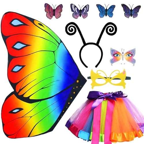 9 Stück Schmetterling Kostüm Kinder Mädchen,Schmetterlingsflügel Kostüm Kinder,Schmetterling umhang kind mit Maske und Tutu Rock,Faschingskostüme Kinder Mädchen mit Face Art Sticker Schmetterling von Anyingkai