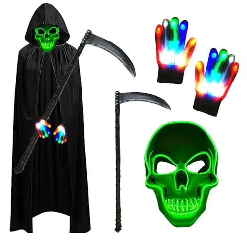 Anyingkai Halloween Sensenmann Kostüm Set,Halloween Kostüm Jungen Mit LED Halloween Maske Totenkopf,Led handschuhe halloween,Sense,für Halloween Cosplay Party und Feste Decoration(Totenkopf+Grün) von Anyingkai