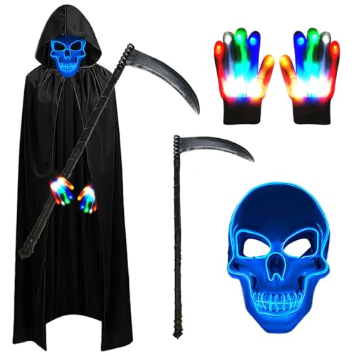 Anyingkai Halloween Sensenmann Kostüm Set,Halloween Kostüm Jungen Mit LED Halloween Maske Totenkopf,Led handschuhe halloween,Sense,für Halloween Cosplay Party und Feste Decoration(Totenkopf-Blau) von Anyingkai