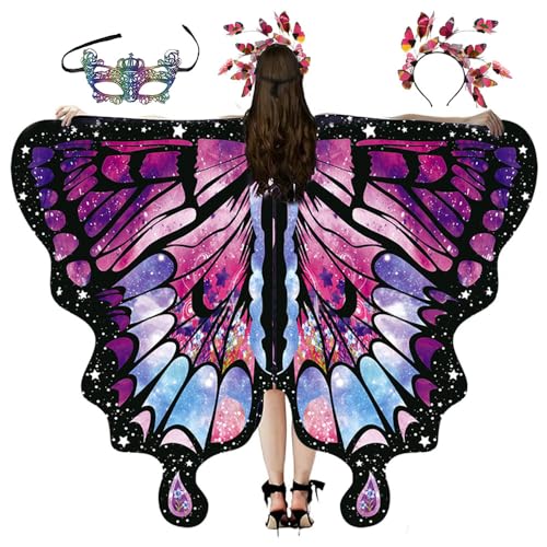 Schmetterling Kostüm Damen,Schmetterlingsflügel Erwachsene,3-teiliges Set Schmetterling Umhang,Schmetterling Damen Umhang,Schmetterlingskostüm Flügel Cosplay Fasching Skostüme für Karneval von Anyingkai