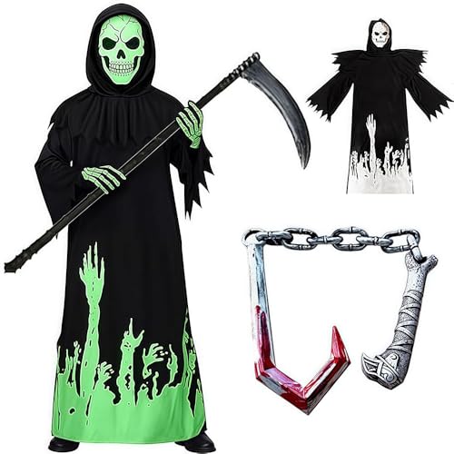 Anyingkai Sensenmann Kostüm Kinder,Glow in The Dark mit Sense Handschuhen,Halloween Kostüm Kinderm,Sensenmann Umhang mit Kapuze Kinder,für Halloween,Karneval,Fasching,Mottoparty (XL) von Anyingkai