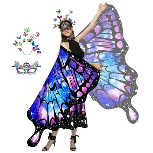 Anyingkai Schmetterling Kostüm Damen,Schmetterlingsflügel Erwachsene,3-teiliges Set Schmetterling Umhang,Schmetterling Damen Umhang,Schmetterlingskostüm Flügel Cosplay Fasching Skostüme für Karneval von Anyingkai