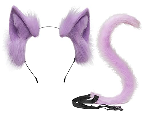 Anzeho Kunstpelz Katzenschwanz und Katzenohren Kit Tierschwanz Kostüm Halloween Cosplay, Violett, Medium von Anzeho