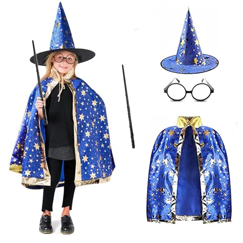 Unisex Kinder Zauberer Party Kostüm Mantel Fancy Kleid Hexe Cape mit Wand Hut für Jungen, Mädchen, Festival, Karneval, Weihnachten, Halloween von Anzmtosn