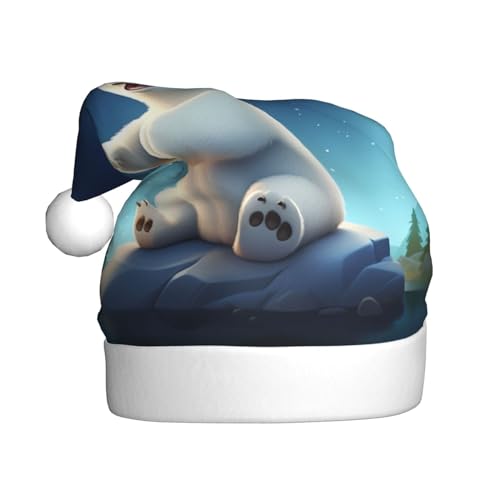 AoRom Weißer Bär bedruckte Weihnachtsmütze, Weihnachtsmannmütze für Erwachsene, Plüsch-Komfort-Weihnachtsmütze für Neujahrsfeier von AoRom