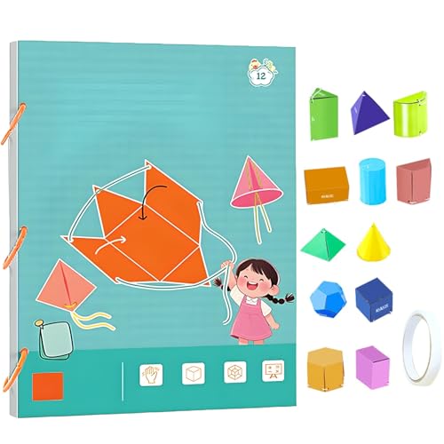 Pull String 3D Geometry Learning Book,3D Geometrie Lernbuch mit Zugschnur,Lehren Volumen&Oberfläche Formeln,Lernspielzeug mit 9/12/15 geometrischen Körpermodellen,Geometrie für Anfänger (12 Formen) von Aodejoy