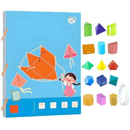Pull String 3D Geometry Learning Book,3D Geometrie Lernbuch mit Zugschnur,Lehren Volumen&Oberfläche Formeln,Lernspielzeug mit 9/12/15 geometrischen Körpermodellen,Geometrie für Anfänger (15 Formen) von Aodejoy