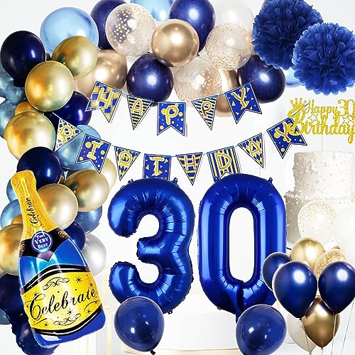 30 Geburtstag Männer Frauen, Deko 30 Geburtstag Mann, Geburtstagsdeko Mann 30 Jahre, Blau Gold Luftballons 30 Geburtstag mit Happy Birthday Banner,Blau Folienballon 30 Zahl für 30 Geburtstag Deko von Aodmti