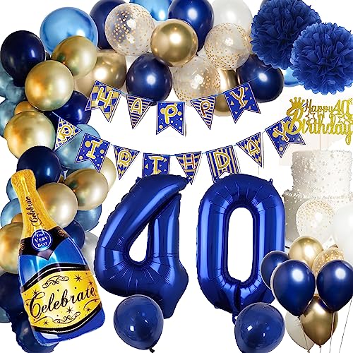 Deko 40. Geburtstag Mann Blau, Geburtstag Deko 40 Blau Gold, 40 Geburtstag Männer Frauen, Blau Luftballons 40 Geburtstag mit Happy Birthday Banner,Blau Folienballon 40 Zahl für 40 Geburtstag Deko von Aodmti