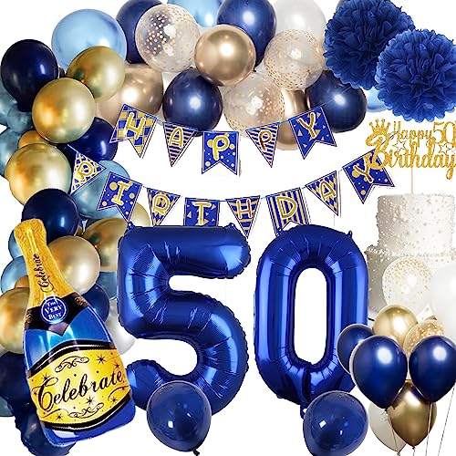 50 Geburtstag Deko Männer Frauen, Deko 50 Geburtstag Mann, Geburtstagsdeko 50 Mann, Blau Gold Luftballons 50 Geburtstag mit Birthday Banner,Blau Folienballon 50 Zahl für 50 Geburtstag Deko von Aodmti