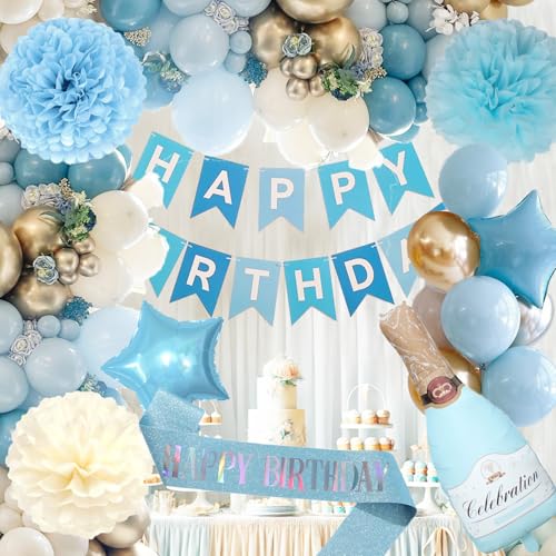 Geburtstagsdeko Blau - Geburtstagsdeko Junge Frauen Mann,Deko Geburtstag Babyblau Weiß Gold Party Deko Luftballons, Deko Geburtstag mit Papierbommeln, Happy Birthday Banner,Sash von Aodmti