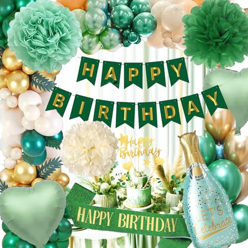Geburtstagsdeko,Geburtstagsdeko Frauen Mann,Luftballons Geburtstag Grün Gold Metallic Turquoise Party Deko Luftballons, Deko Geburtstag mit Papierbommeln, Happy Birthday Banner,Tortendeko von Aodmti