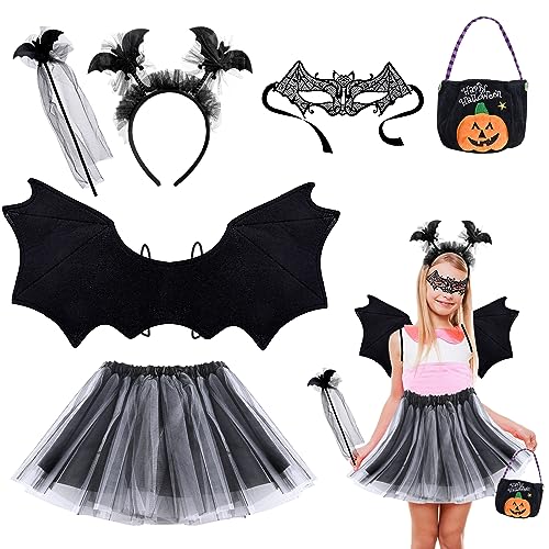 Aohcae 6 PCS Fledermaus Kostüm Kinder, Halloween Kostüm Kinder mit Haarband + Ballettröckchen + Flügel + Zauberstab + Fledermausmaske + Tragetasche für Halloween Cosplay Party (Aufwärts) Aohcae 6 PCS Fledermaus Kostüm Kinder, Halloween Kostüm Kinder mit Haarband + Ballettröckchen + Flügel + Zauberstab + Fledermausmaske + Tragetasche für Halloween Cosplay Party (Aufwärts) von Aohcae